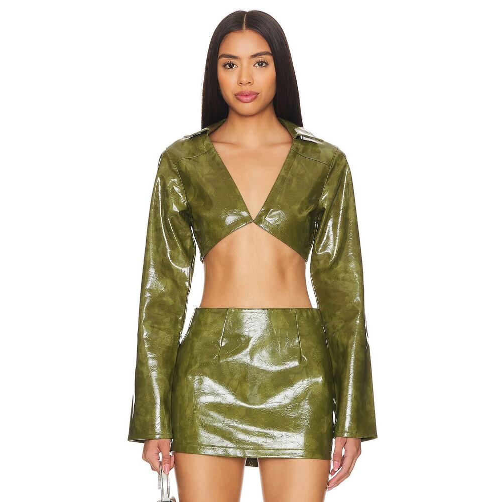 Superdown Ethel Faux Leather Jacket Olive Green V-Neck Long Sleeve With Skirt